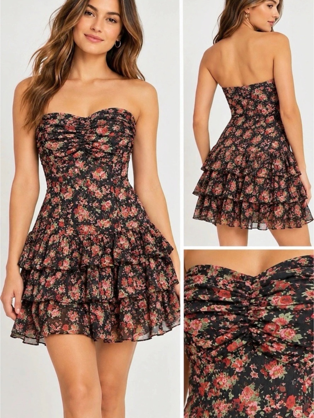 Express Floral Strapless Mini Dress in Black & Red Size Small Like N